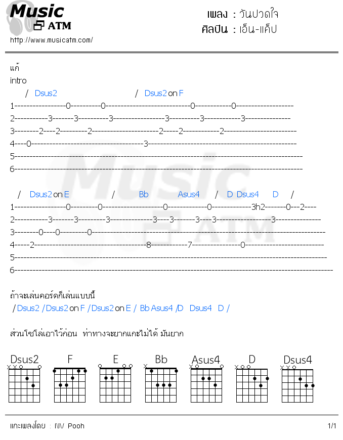 คอร์ดเพลง วันปวดใจ