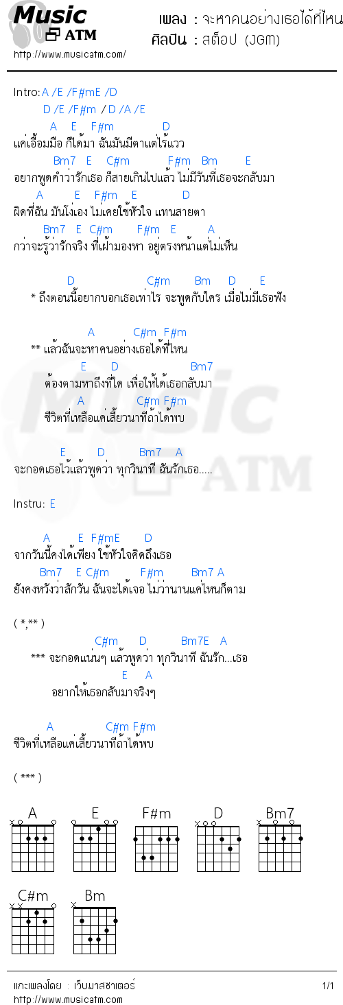 คอร์ดเพลง จะหาคนอย่างเธอได้ที่ไหน (Ost. เงา)