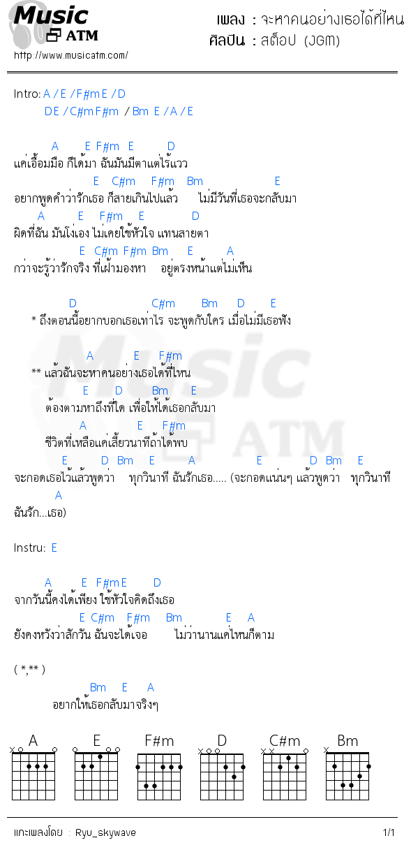 คอร์ดเพลง จะหาคนอย่างเธอได้ที่ไหน (Ost. เงา)