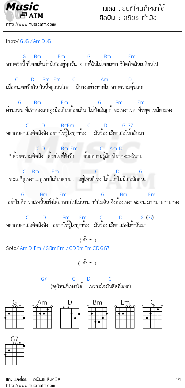 คอร์ดเพลง อยู่ที่ไหนก็เหงาได้