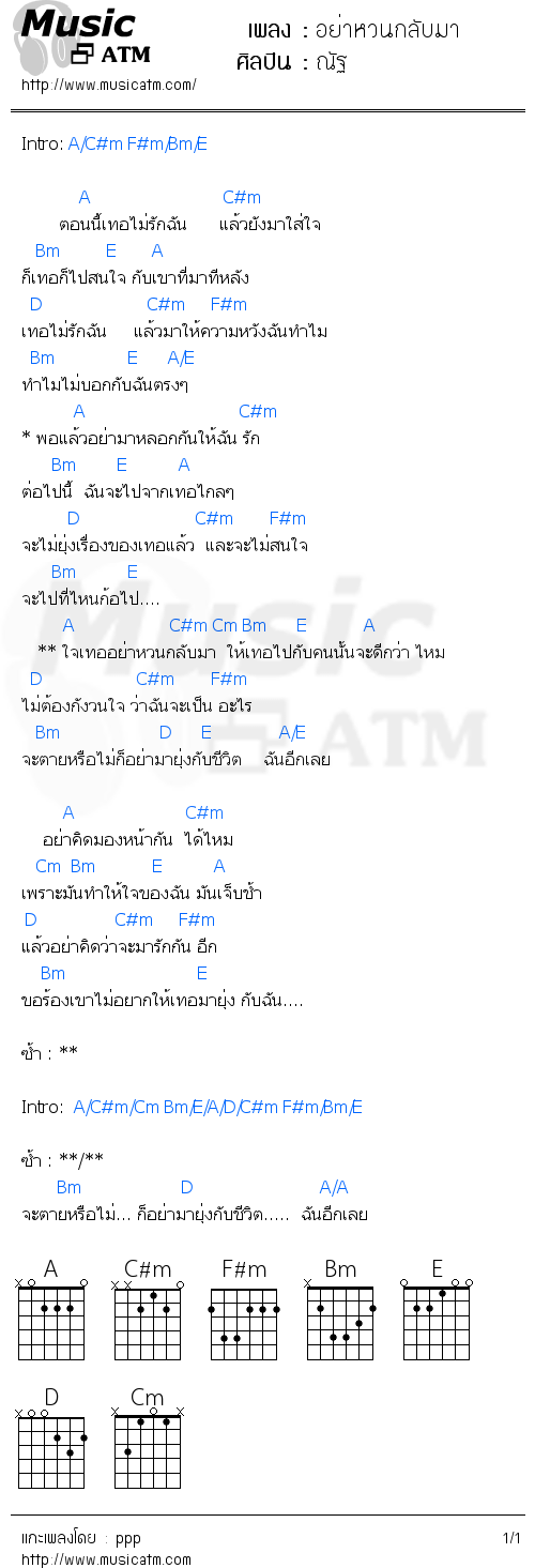 คอร์ดเพลง อย่าหวนกลับมา