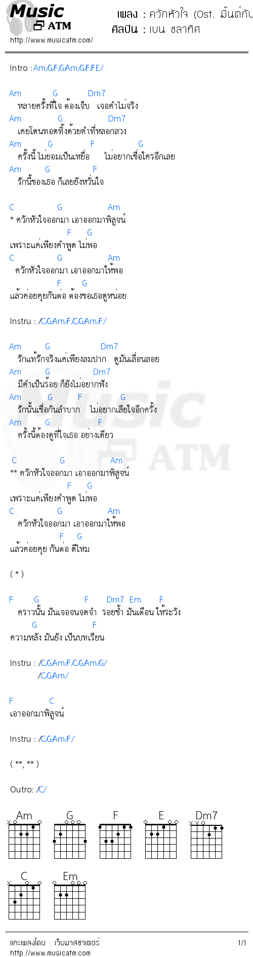 คอร์ดเพลง ควักหัวใจ (Ost. มิ้นต์กับมิว)