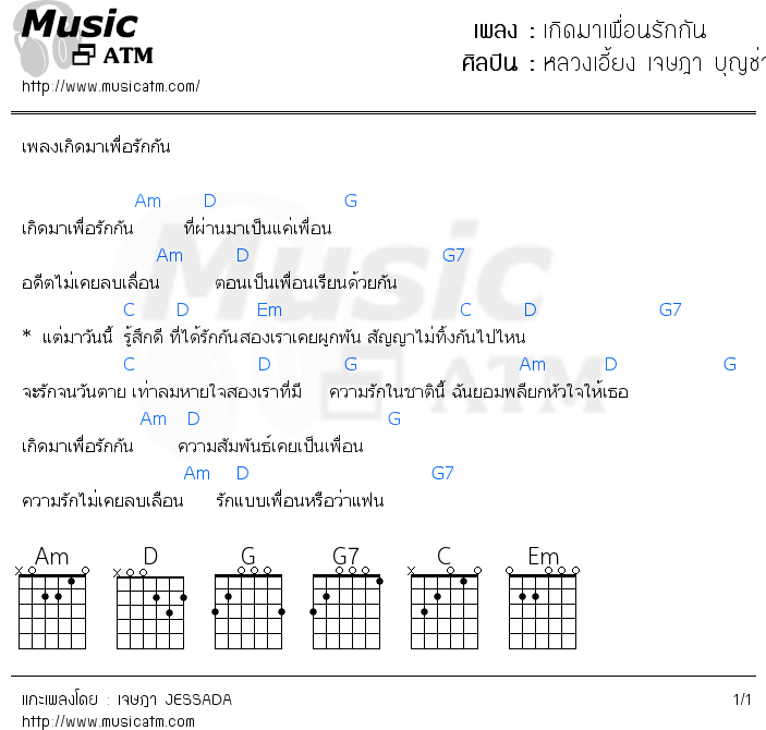 คอร์ดเพลง เกิดมาเพื่อนรักกัน