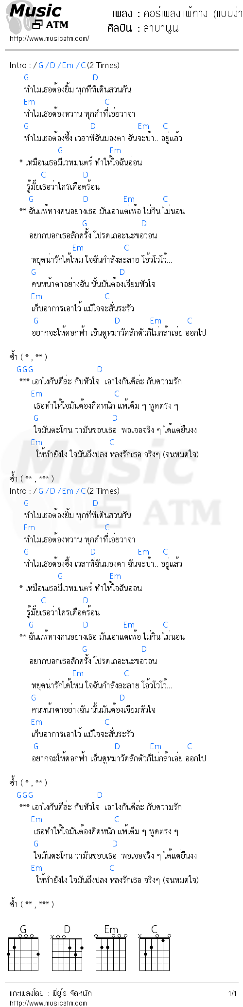 คอร์ดเพลง คอร์เพลงแพ้ทาง (แบบง่าย)