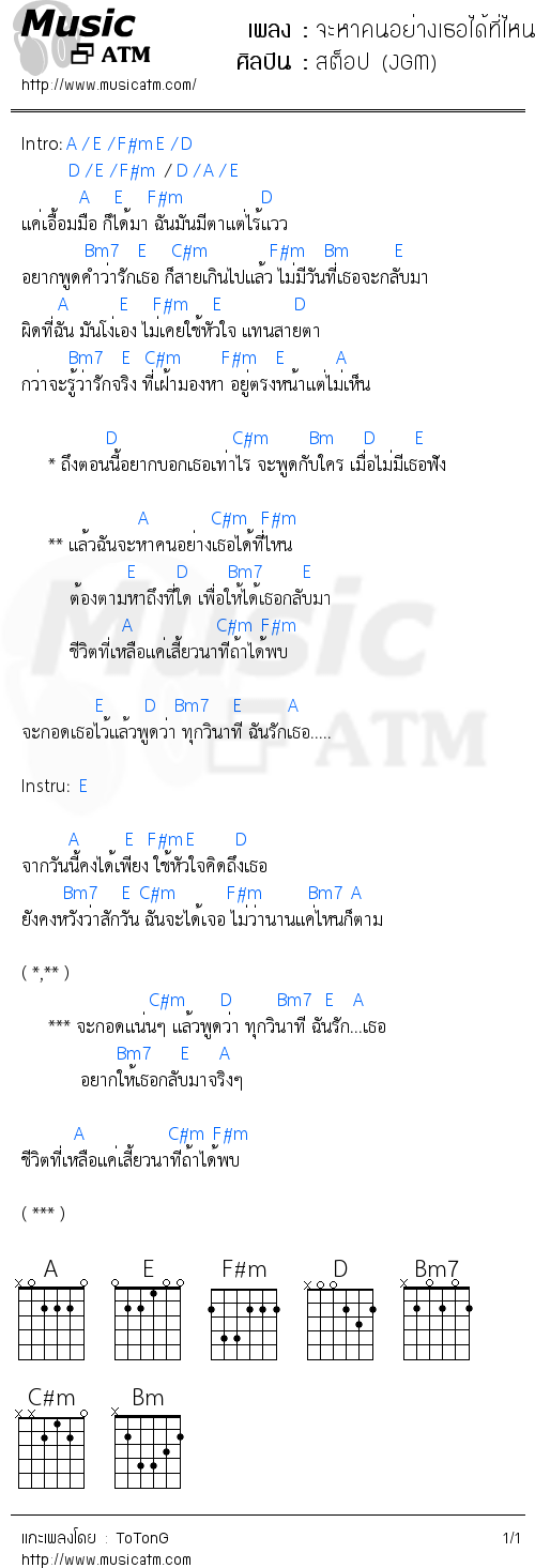 คอร์ดเพลง จะหาคนอย่างเธอได้ที่ไหน (Ost. เงา)