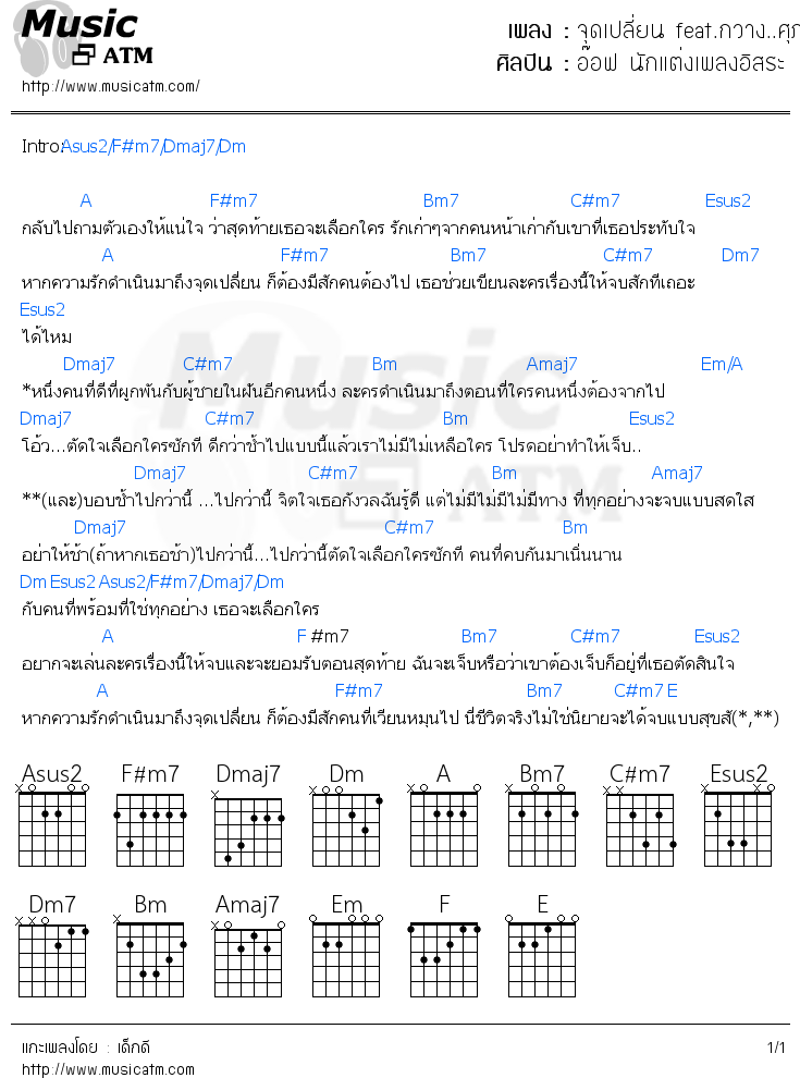 คอร์ดเพลง จุดเปลี่ยน feat.กวาง..ศุภฤกษ์ อกตัน