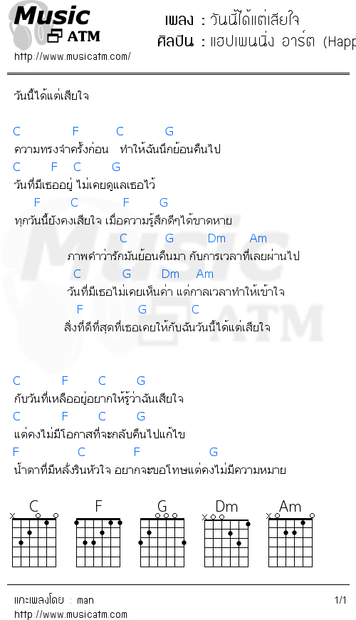 คอร์ดเพลง วันนี้ได้แต่เสียใจ