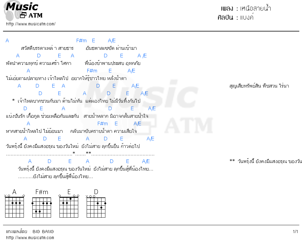 คอร์ดเพลง เหนือสายน้ำ