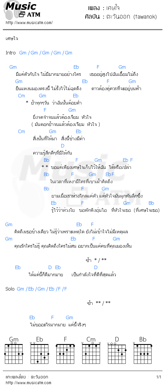 คอร์ดเพลง เศษใจ