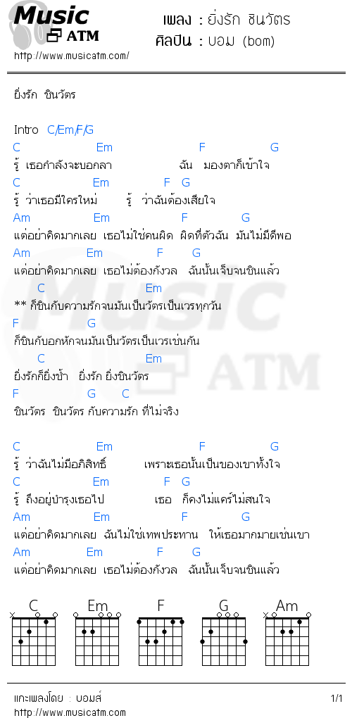 คอร์ดเพลง ยิ่งรัก ชินวัตร