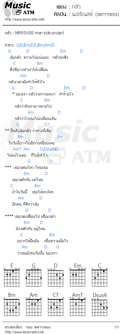 คอร์ดเพลง กลัว