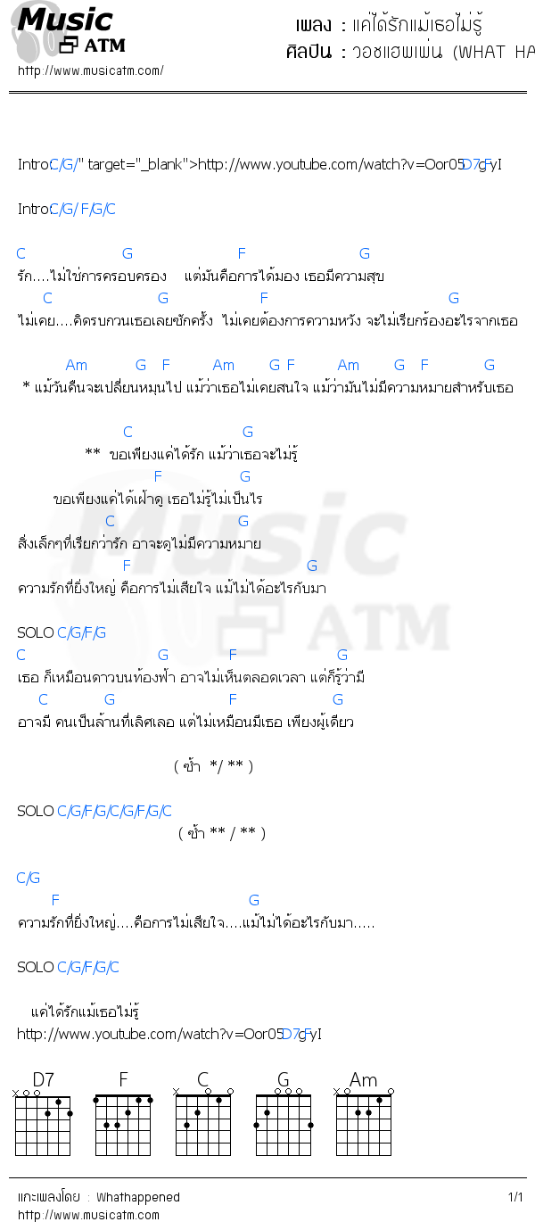 คอร์ดเพลง แค่ได้รักแม้เธอไม่รู้