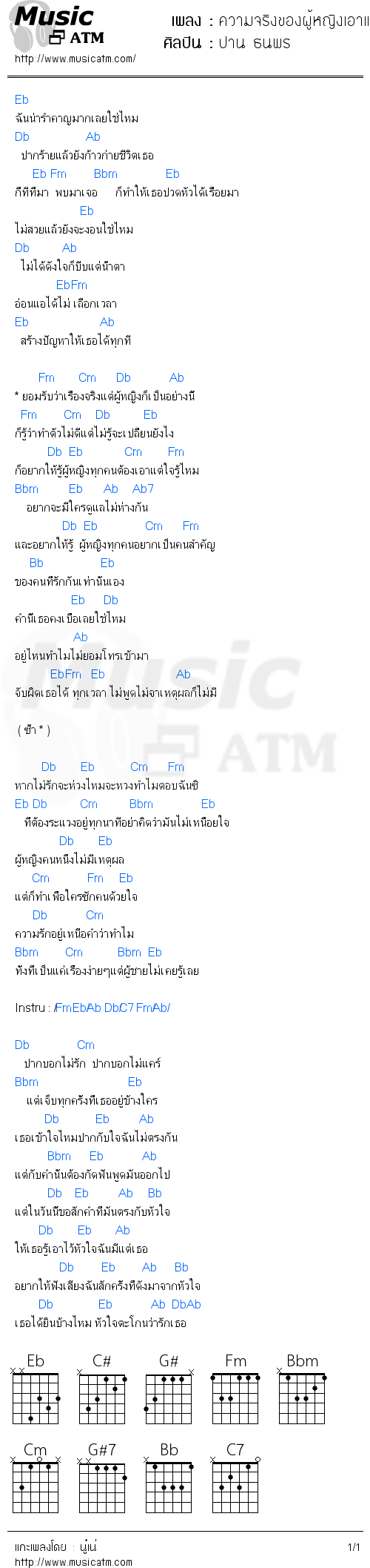 คอร์ดเพลง ความจริงของผู้หญิงเอาแต่ใจ