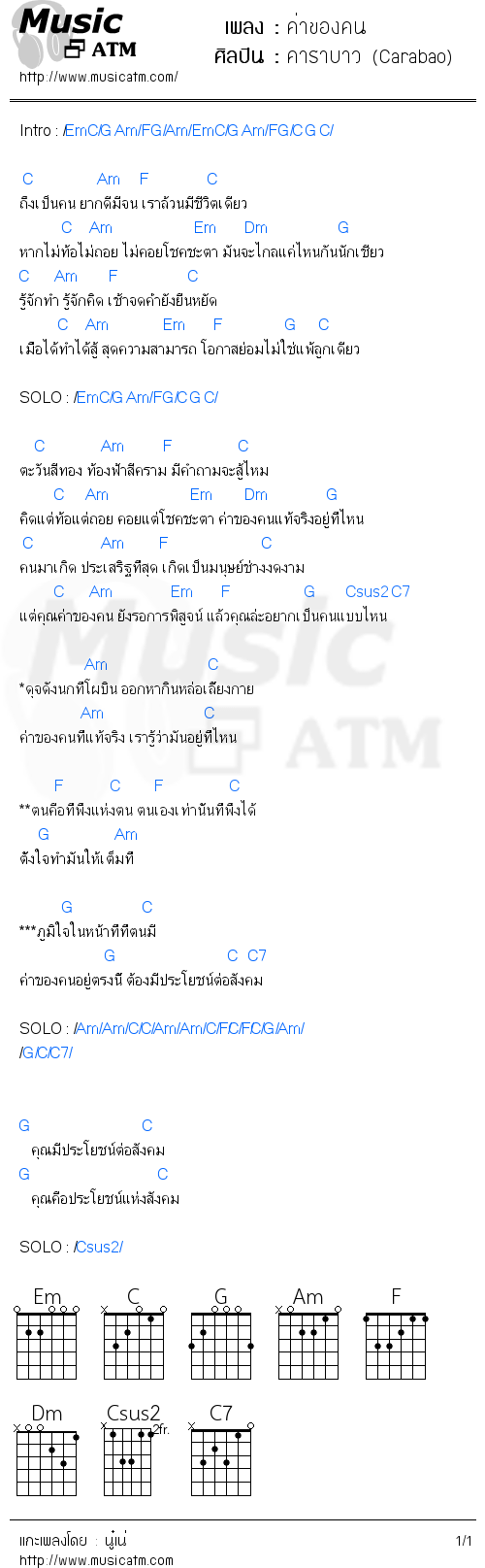 คอร์ดเพลง ค่าของคน