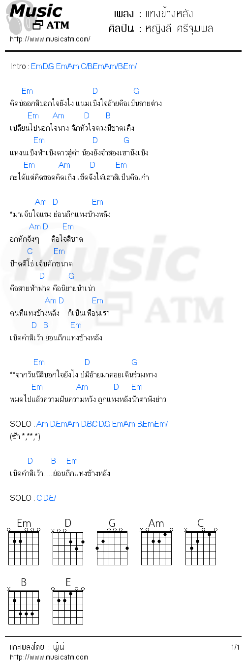 คอร์ดเพลง แทงข้างหลัง