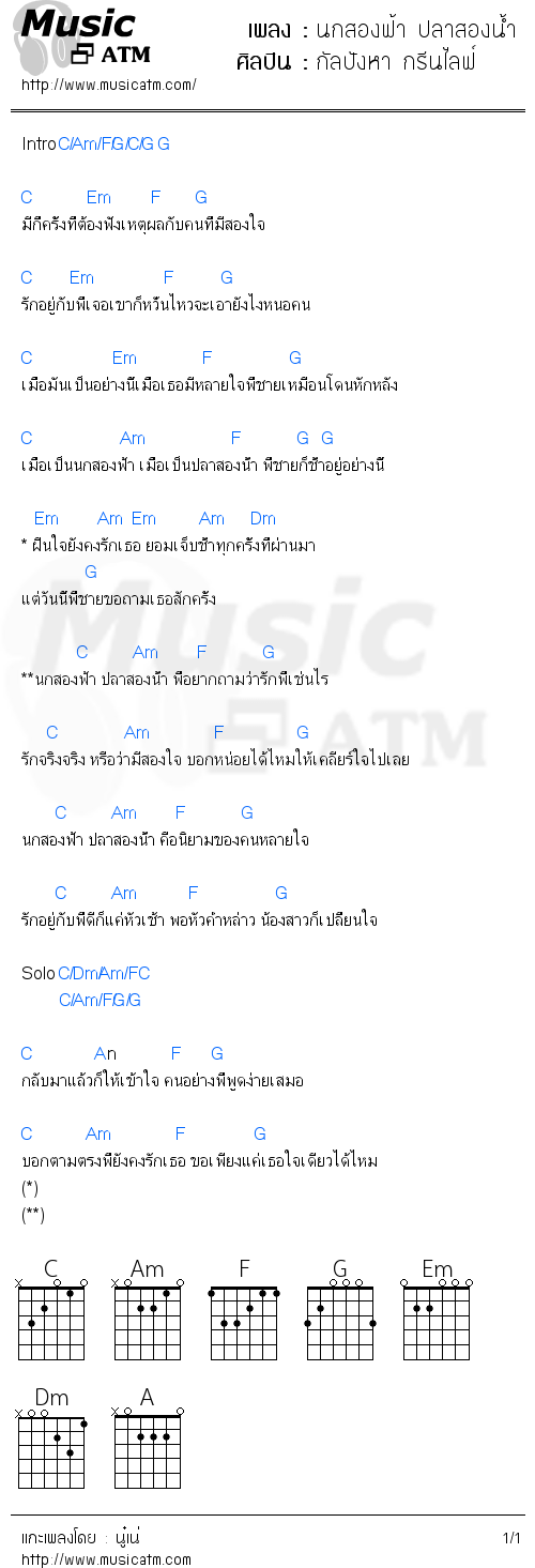 คอร์ดเพลง นกสองฟ้า ปลาสองน้ำ