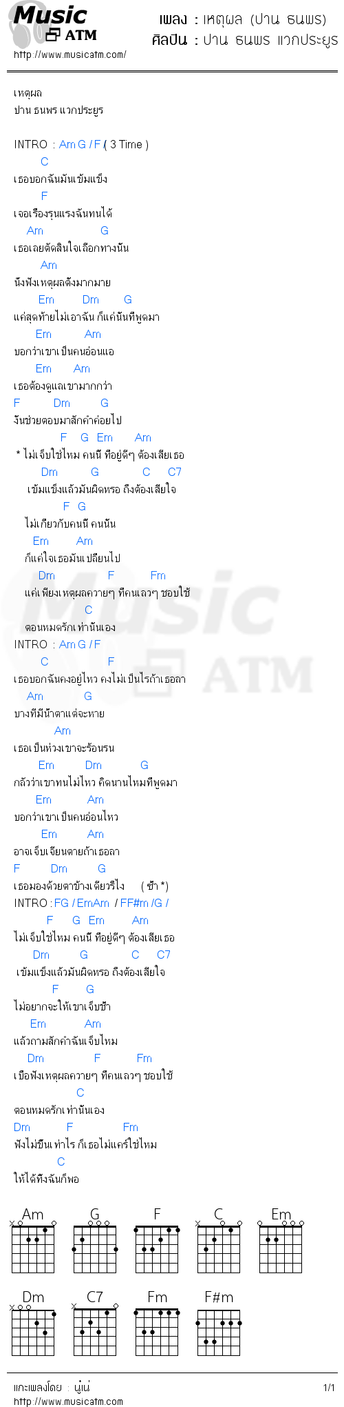 คอร์ดเพลง เหตุผล (ปาน ธนพร)