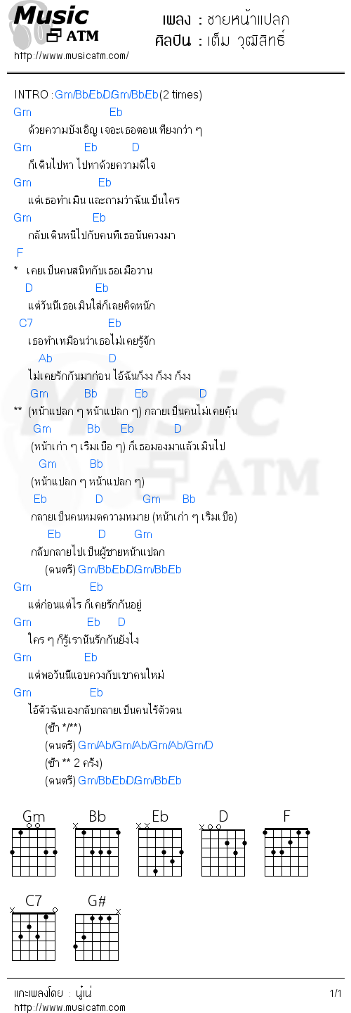 คอร์ดเพลง ชายหน้าแปลก