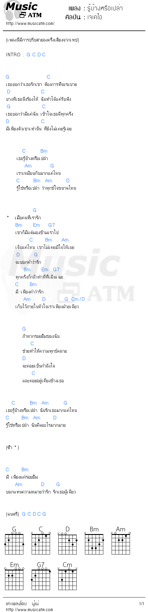 คอร์ดเพลง รู้บ้างหรือเปล่า