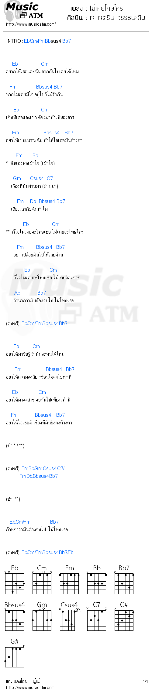 คอร์ดเพลง ไม่เคยโทษใคร