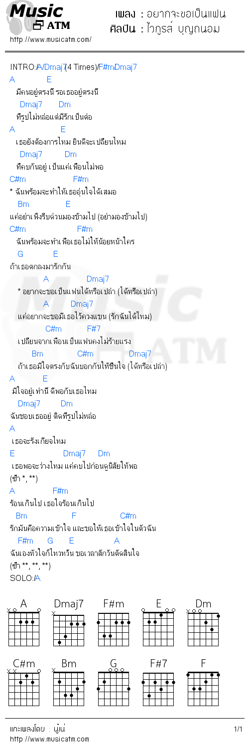 คอร์ดเพลง อยากจะขอเป็นแฟน