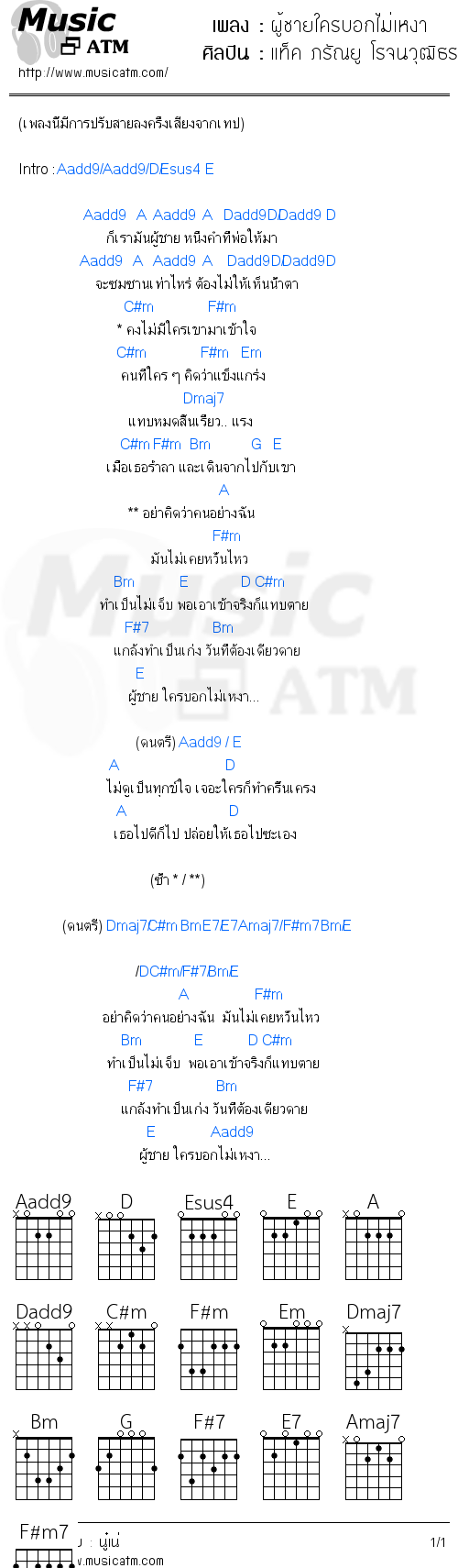 คอร์ดเพลง ผู้ชายใครบอกไม่เหงา