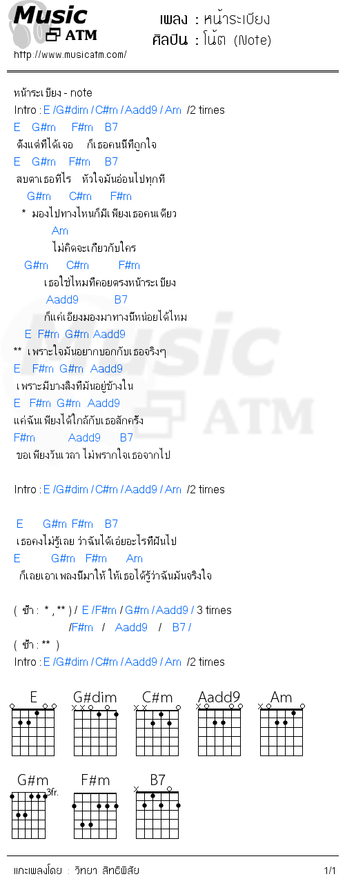 คอร์ดเพลง หน้าระเบียง