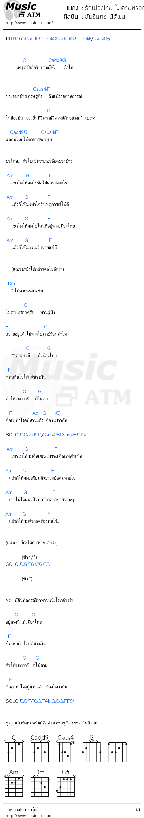 คอร์ดเพลง รักเมืองไทย ไม่ตายหรอกครับ